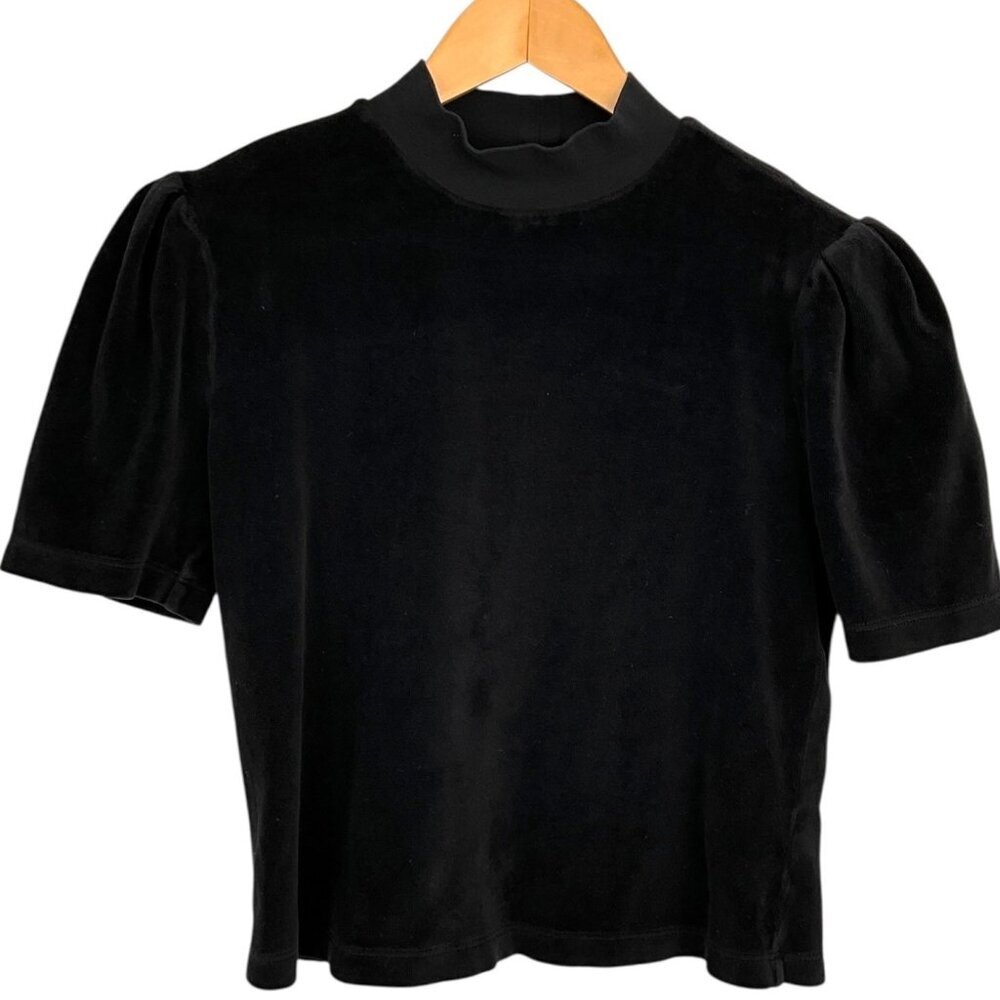 Suzie Kondi Paros Crop Top Black Velour Puff Sleeve Size XS Short Sleeve